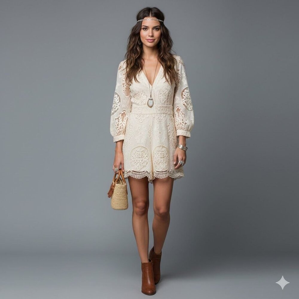 NWT Maje Ilou Guipure Lace Womens Large 3/4 Sleeve V-Neck Playsuit Romper Nude - Picture 2 of 15